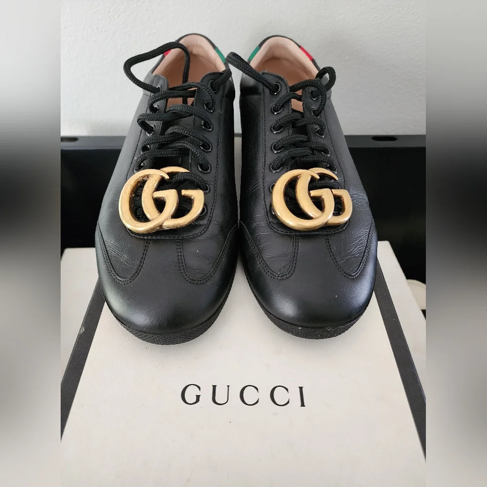 Gucci Black Leather GG Marmont Embellished Lace Up Sneakers